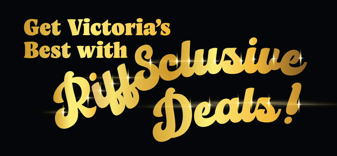 Gold, bold text on a black background reads: “Get Victoria’s Best with RiffSclusive Deals!” Some letters have sparkles, emphasizing exclusivity.