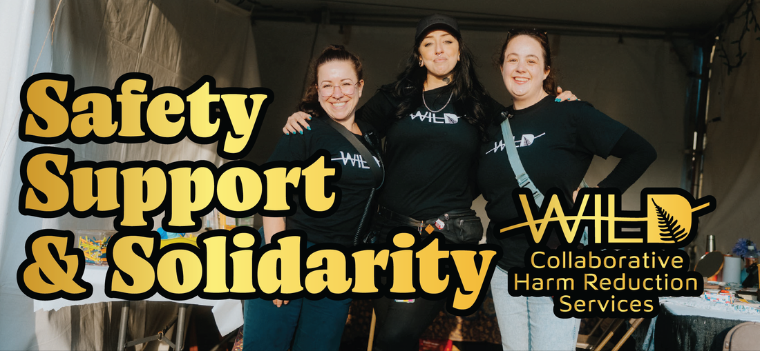 Three smiling people wearing WILD shirts pose together under a tent. Large text reads Safety, Support & Solidarity. Logo and text at bottom right say WILD Collaborative Harm Reduction Services.