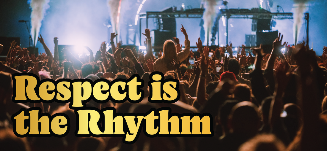 A large crowd at a concert raises their hands as smoke and lights fill the stage. Bold yellow text in front reads, “Respect is the Rhythm.”.
