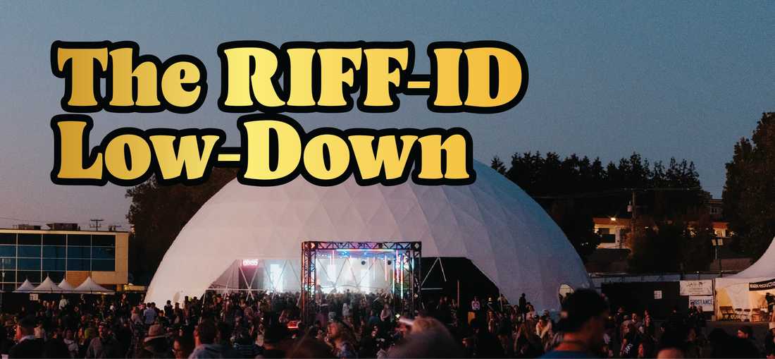 	 A crowd gathers in front of a large white geodesic dome at dusk with trees in the background. Bold yellow text reads: “The RIFF-ID Low-Down.”.