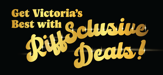 Gold, bold text on a black background reads: “Get Victoria’s Best with RiffSclusive Deals!” Some letters have sparkles, emphasizing exclusivity.