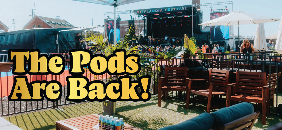 Outdoor music festival scene with private seating pods in the foreground, a stage and crowd in the background, and large yellow text reading The Pods Are Back! across the image.